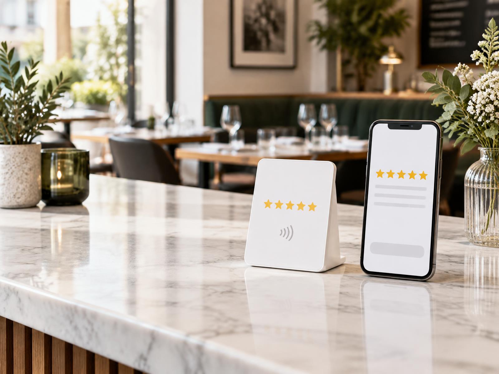 Plaque NFC pour avis sur un comptoir de restaurant